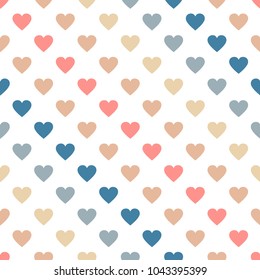 Seamless abstract vector geometric pattern. Pastel pale light brown, pink and blue heart shapes on white background. Symmetrical layout. Gift wrapping paper. Bed sheets and interior. Love theme.