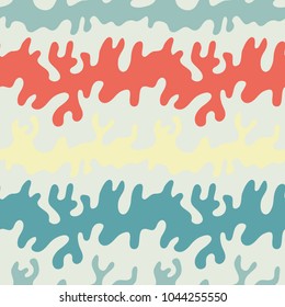 Seamless abstract vector geometric pattern. Red, cream, blue and pale blue splash line shapes on light grey background. Symmetrical layout. Gift wrapping paper. Bed sheets and interior.