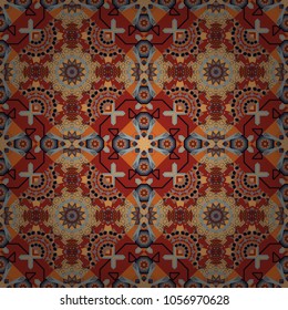 Seamless abstract vector geometric pattern. Random layout. Bed sheets and interior. Gift wrapping paper. Ornament made of various red, orange and gray shapes.
