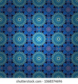 Seamless abstract vector geometric pattern. Gift wrapping paper. Symmetrical layout. Bed sheets and interior. Colorful ethnic patterned background in blue, violet and beige colors.