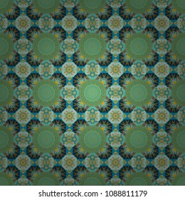 Seamless abstract vector geometric pattern. Bed sheets and interior. Gift wrapping paper. Random layout. Ornament made of various green, brown and blue shapes.
