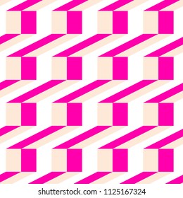 Seamless abstract vector geometric pattern. Ornament made of pink, white and cream squares and stripes. Symmetrical layout. Gift wrapping paper. Bed sheets and interior.