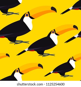 Seamless abstract vector geometric pattern. Black, white and yellow toucan birds on yellow background. Symmetrical layout. Gift wrapping paper. Bed sheets and interior.