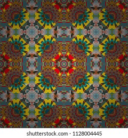 Seamless abstract vector geometric pattern. Bed sheets and interior. Gift wrapping paper. Symmetrical layout. Colorful ethnic patterned background in yellow, blue and brown colors.