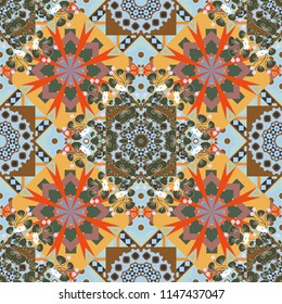 Seamless abstract vector geometric pattern. Gift wrapping paper. Ornament made of various green, blue and orange shapes. Random layout. Bed sheets and interior.
