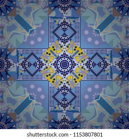 Seamless abstract vector geometric pattern. Colorful ethnic patterned background in blue, violet and gray colors. Gift wrapping paper. Bed sheets and interior. Symmetrical layout.