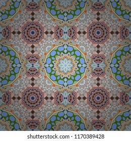 Seamless abstract vector geometric pattern. Symmetrical layout. Bed sheets and interior. Gift wrapping paper. Colorful ethnic patterned background in green, blue and gray colors.