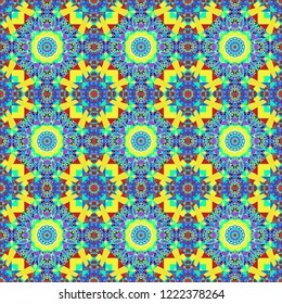 Seamless abstract vector geometric pattern. Ornament made of various violet, orange and green shapes. Bed sheets and interior. Random layout. Gift wrapping paper.