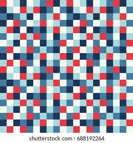 Seamless abstract vector geometric pattern. Blue, red and white pixels. Random view. Gift wrapping paper.