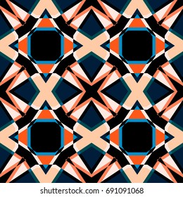 Seamless abstract vector geometric pattern. Black, cream, orange and blue ornaments. Symmetrical layout. Kaleidoscope view.
