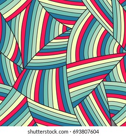 Seamless abstract vector geometric pattern. Ornament made of shapes and pink, white and blue stripes. Gift wrapping paper. Bed sheets and interior.