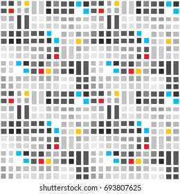 Seamless abstract vector geometric pattern. Ornament made of grey, white, black, red, blue and yellow squares.