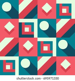 Seamless abstract vector geometric pattern. White circles and squares with shadow effect on pink and blue squares. Ornaments made of stripes and lines. Random layout.