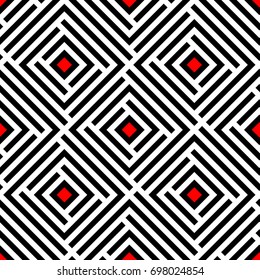 Seamless abstract vector geometric pattern. Ornament made of black and white lines and red squares. Symmetrical layout. Optical pattern. Gift wrapping paper. Bed sheets and interior.