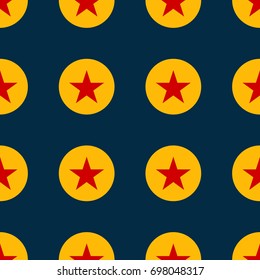 Seamless abstract vector geometric pattern. Red stars in yellow circles on dark blue background. Symmetrical layout. Gift wrapping paper. Bed sheets and interior.