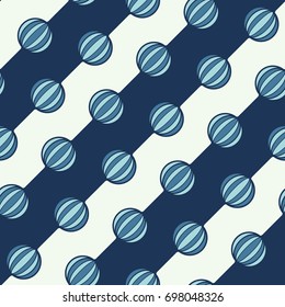 Seamless abstract vector geometric pattern. Blue 3d beads on striped white and blue background. Symmetrical layout. Gift wrapping paper. Bed sheets and interior.