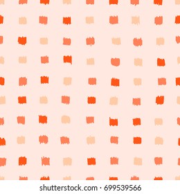 Seamless abstract vector geometric pattern. Orange and cream hand drawn squares on pastel pink background. Symmetrical layout. Gift wrapping paper. Bed sheets and interior.