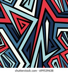 Seamless abstract vector geometric pattern. Ornament made of white, red, dark blue and light blue spiral shapes and lines. Gift wrapping paper. Bed sheets and interior.