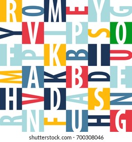 Seamless abstract vector geometric pattern. Vertical and horizontal letters in white, green, blue, yellow and red squares. School and learning theme. Gift wrapping paper. Bed sheets and interior.