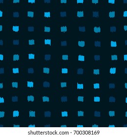 Seamless abstract vector geometric pattern. Dark and light blue hand drawn squares on dark blue background. Symmetrical layout. Gift wrapping paper. Bed sheets and interior.