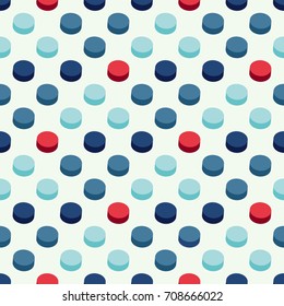 Seamless abstract vector geometric pattern. Red, and dark and light blue 3d button shapes on white background. Symmetrical layout. Gift wrapping paper. Bed sheets and interior.