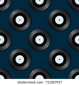 Seamless abstract vector geometric pattern. Glowing black and white vinyl records on dark blue background. Symmetrical layout. Gift wrapping paper. Bed sheets and interior. Vintage theme.