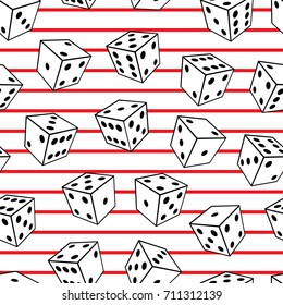 Seamless abstract vector geometric pattern. Black and white 3d dices on red and white striped background. Random layout. Gift wrapping paper. Bed sheets and interior. Game and gambling theme.