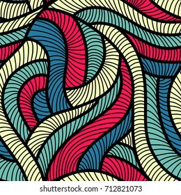 Seamless abstract vector geometric pattern. Ornament made of blue, pink and white wavy lines. Random layout. Gift wrapping paper. Bed sheets and interior.