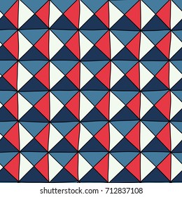 Seamless abstract vector geometric pattern. Ornament made of red, white, dark blue and light blue squares. Symmetrical layout. Gift wrapping paper. Bed sheets and interior.