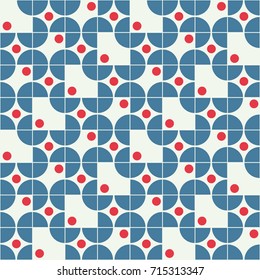 Seamless abstract vector geometric pattern. Blue partial circles and red polka dots on white background. Grid view. Symmetrical layout. Gift wrapping paper. Bed sheets and interior.