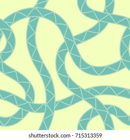 Seamless abstract vector geometric pattern. Green rope put randomly all over pastel yellow background. Gift wrapping paper. Bed sheets and interior.