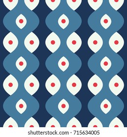 Seamless abstract vector geometric pattern. Ornament made of white and light blue shapes with red dots on dark blue background. Symmetrical layout. Gift wrapping paper. Bed sheets and interior.