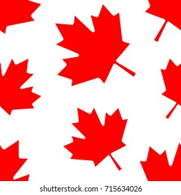 Seamless abstract vector geometric pattern. Red maple leaves on white background. Random layout. Gift wrapping paper. Bed sheets and interior.