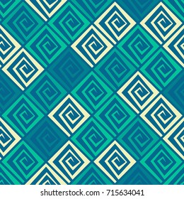 Seamless abstract vector geometric pattern. Ornament made of white, dark blue and light blue spirals. Symmetrical layout. Gift wrapping paper. Bed sheets and interior.