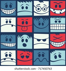 Seamless abstract vector geometric pattern. Light blue, dark blue, white and red face expressions in squares. Gift wrapping paper. Bed sheets and interior.