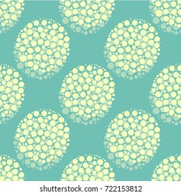 Seamless abstract vector geometric pattern. Pastel yellow circles made of little dots on light blue background. Symmetrical layout. Gift wrapping paper. Bed sheets and interior.