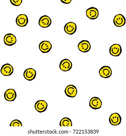 Seamless abstract vector geometric pattern. Black and yellow hand drawn emoticon smiles on white background. Random layout. Gift wrapping paper. Bed sheets and interior.