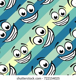 Seamless abstract vector geometric pattern. Black and white smiley faces on white, light blue and dark blue striped background. Random layout. Gift wrapping paper. Bed sheets and interior.