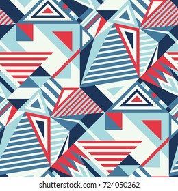 Seamless abstract vector geometric pattern. Ornament made of dark blue, light blue, red and white triangle shapes and lines. Random layout. Gift wrapping paper. Bed sheets and interior.