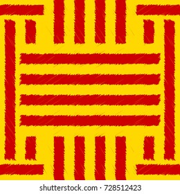 Seamless abstract vector geometric pattern. Hand drawn yellow and red ornament made of Catalonia flag. Symmetrical layout. Catalonia independence theme.