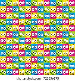 Seamless abstract vector geometric pattern. Pink, yellow, blue and green faces in squares. Symmetrical layout. Gift wrapping paper. Bed sheets and interior.
