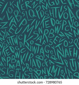 Seamless abstract vector geometric pattern. Light blue hand drawn alphabet letters on dark blue background. Random layout. Gift wrapping paper. Bed sheets and interior. School and learning theme.