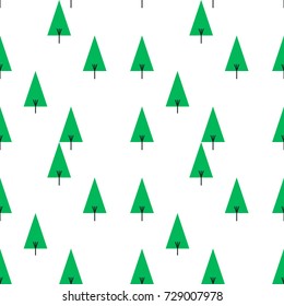 Seamless abstract vector geometric pattern. Green spruce trees on white background. Random layout. Gift wrapping paper. Bed sheets and interior. Nature theme.