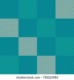 Seamless abstract vector geometric pattern. Ornament made of pastel green, light blue and dark blue squares made of spirals and lines. Symmetrical layout. Gift wrapping paper. Bed sheets and interior.