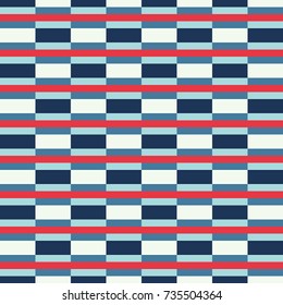 Seamless abstract vector geometric pattern. Ornament made of red lines and white, light blue and dark blue bricks. Symmetrical layout. Gift wrapping paper. Bed sheets and interior.