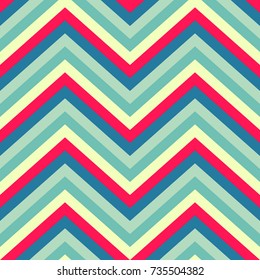 Seamless abstract vector geometric pattern. Ornament made of pink, white, light blue, dark blue and pastel green zigzag lines. Symmetrical layout. Gift wrapping paper. Bed sheets and interior.