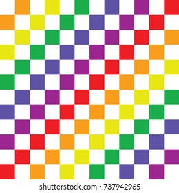 Seamless abstract vector geometric pattern. Ornament made of rainbow colored and white squares. LGBT flag colors. Symmetrical layout. Gift wrapping paper. Bed sheets and interior.