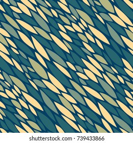 Seamless abstract vector geometric pattern. Ornament made of pastel cream, light blue and dark blue leaf shapes. Random layout. Gift wrapping paper. Bed sheets and interior.