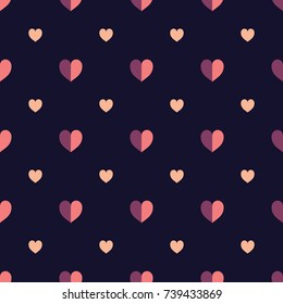Seamless abstract vector geometric pattern. Bigger purple and pink and smaller white heart shapes on dark blue background. Symmetrical layout. Gift wrapping paper. Bed sheets and interior. Love theme.