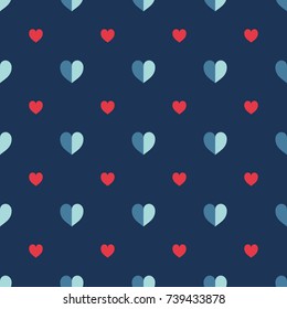 Seamless abstract vector geometric pattern. Bigger blue hearts and smaller red hearts on dark blue background. Symmetrical layout. Gift wrapping paper. Bed sheets and interior. Love theme.